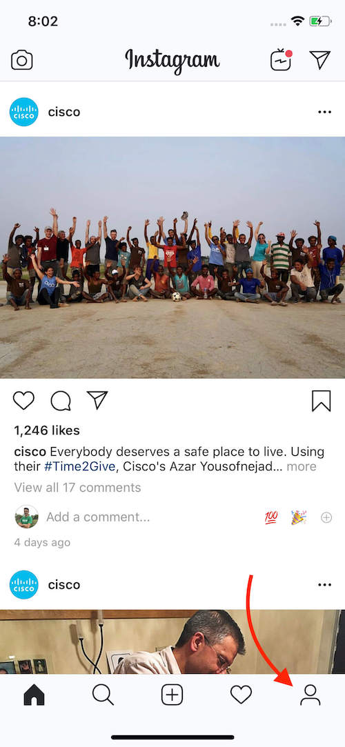 Instagram mobile interface showing Cisco&rsquo;s post with a group photo; red arrow points to the profile icon in the bottom navigation bar.