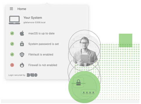 Duo device health check showing macOS status: up to date, password set, FileVault enabled, but firewall not enabled.