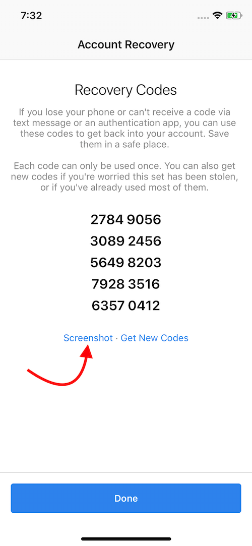 Recovery codes for Instagram 2FA setup, with instructions to save them and an option to generate new ones or take a screenshot.