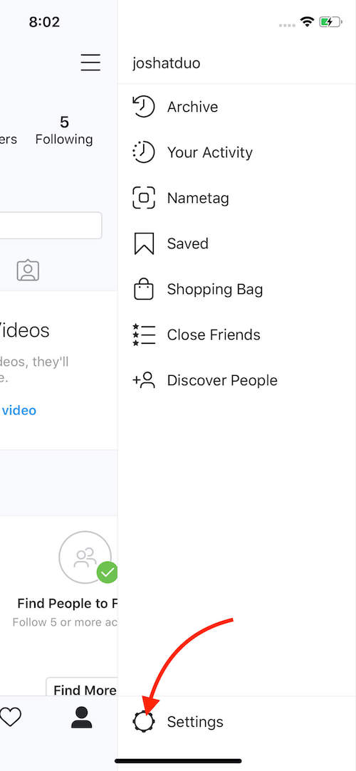 Instagram side menu opened; red arrow points to the 'Settings' gear icon at the bottom of the screen.