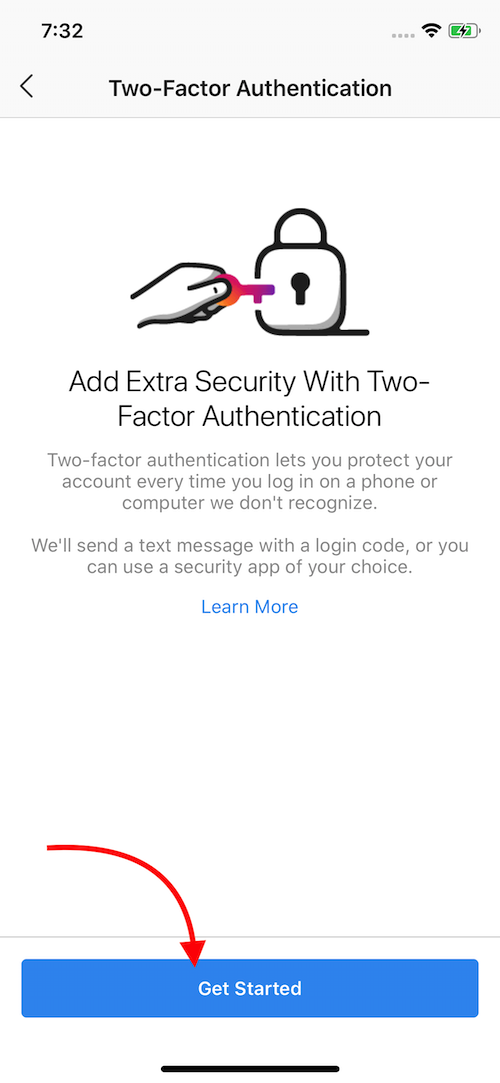 Two-Factor Authentication intro screen with lock and key icon and red arrow pointing to 'Get Started' button.