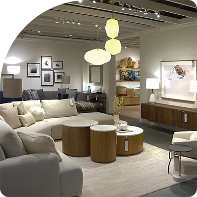 A well-lit furniture showroom displays various modern living room furniture arrangements.