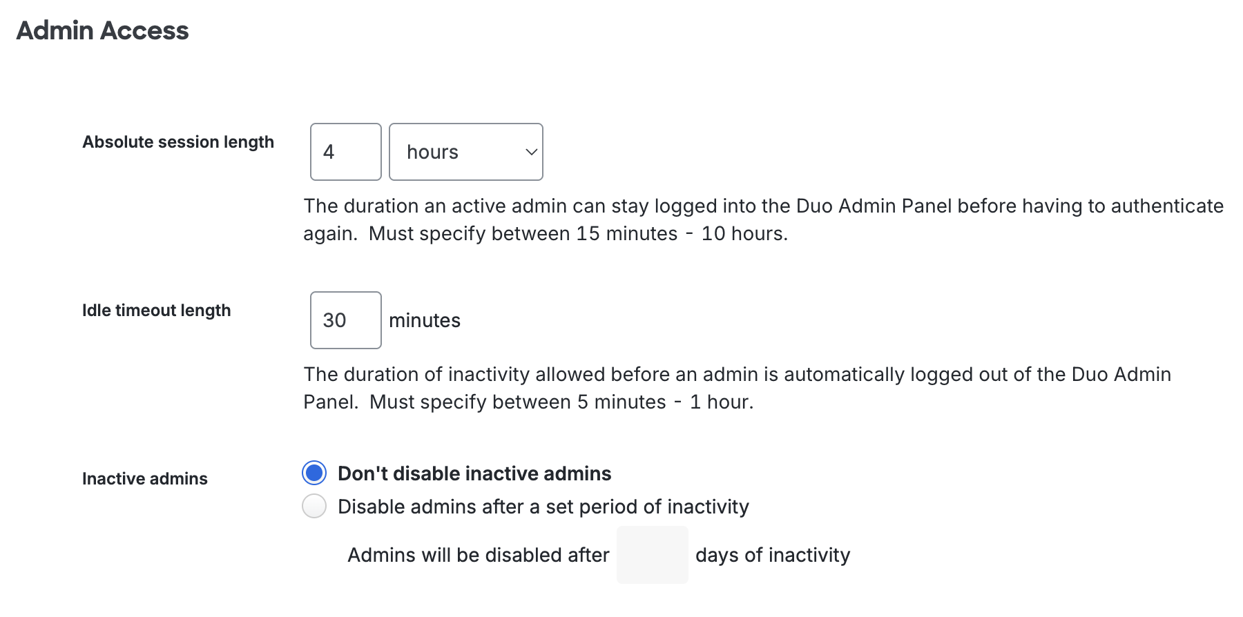 Admin Access Settings