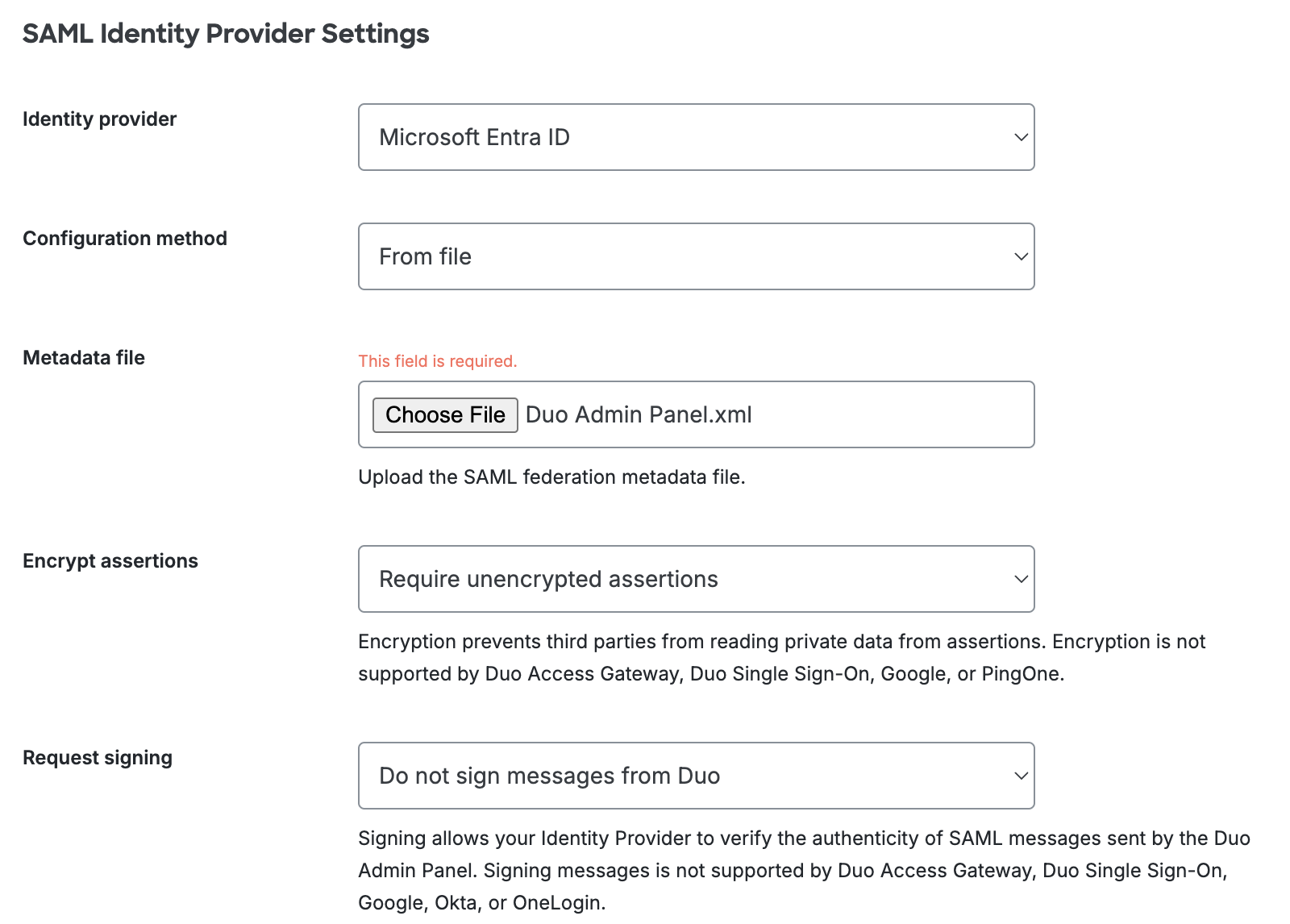 Duo Admin Panel Entra ID SAML Identity Provider Settings