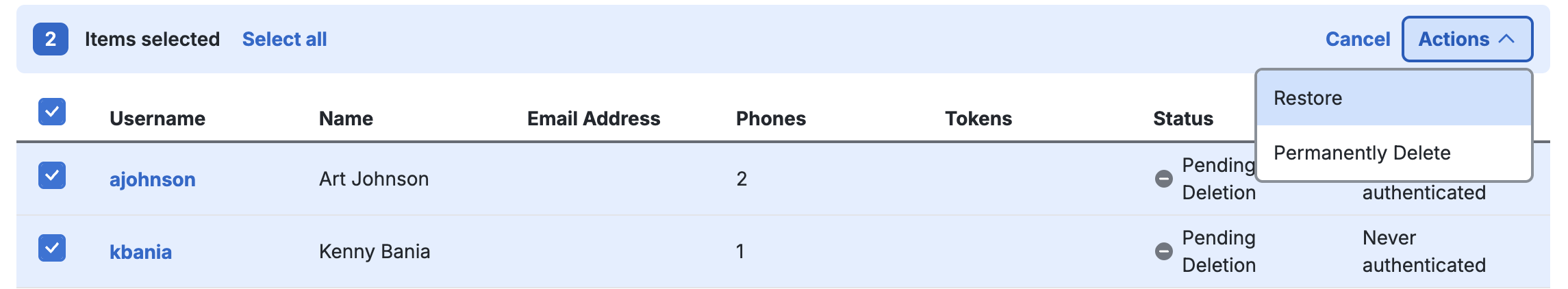 Restore Users from Trash