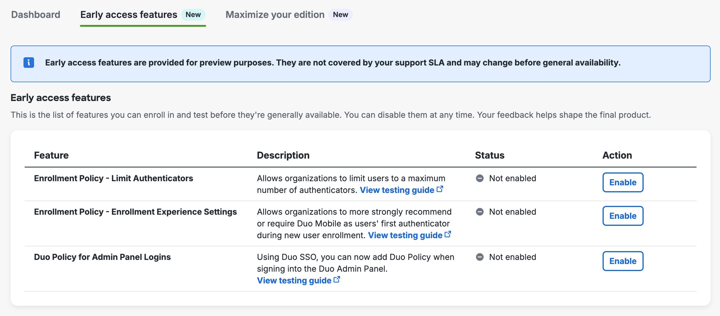 Early Access Features Page in the Admin Panel