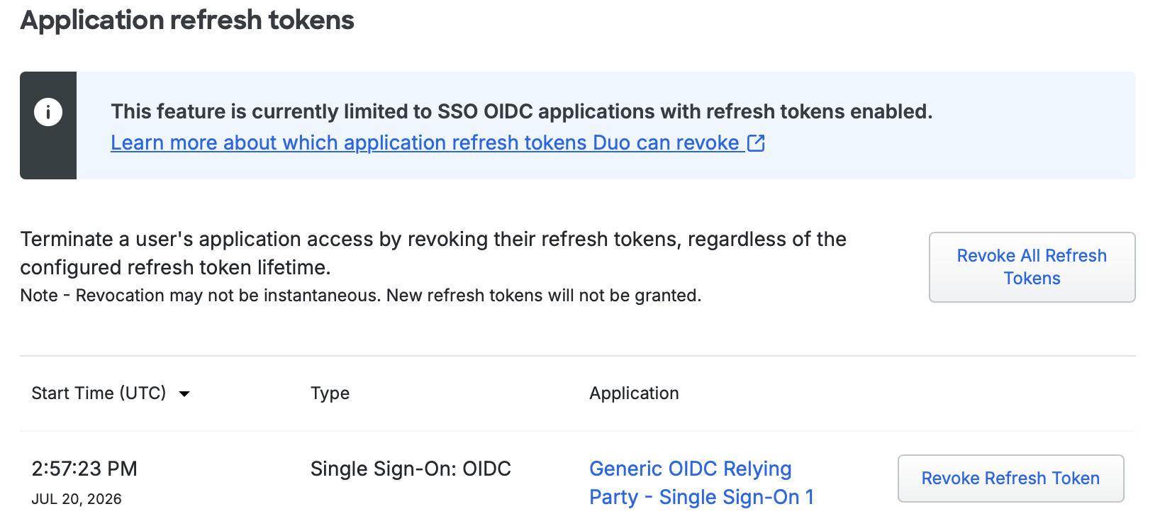 Revokable Application Sessions on User Properties Page