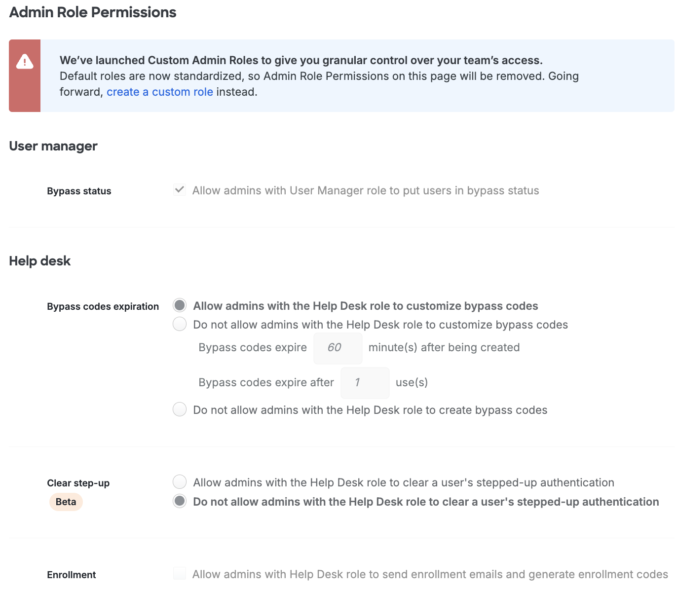 Admin Role Permissions Settings