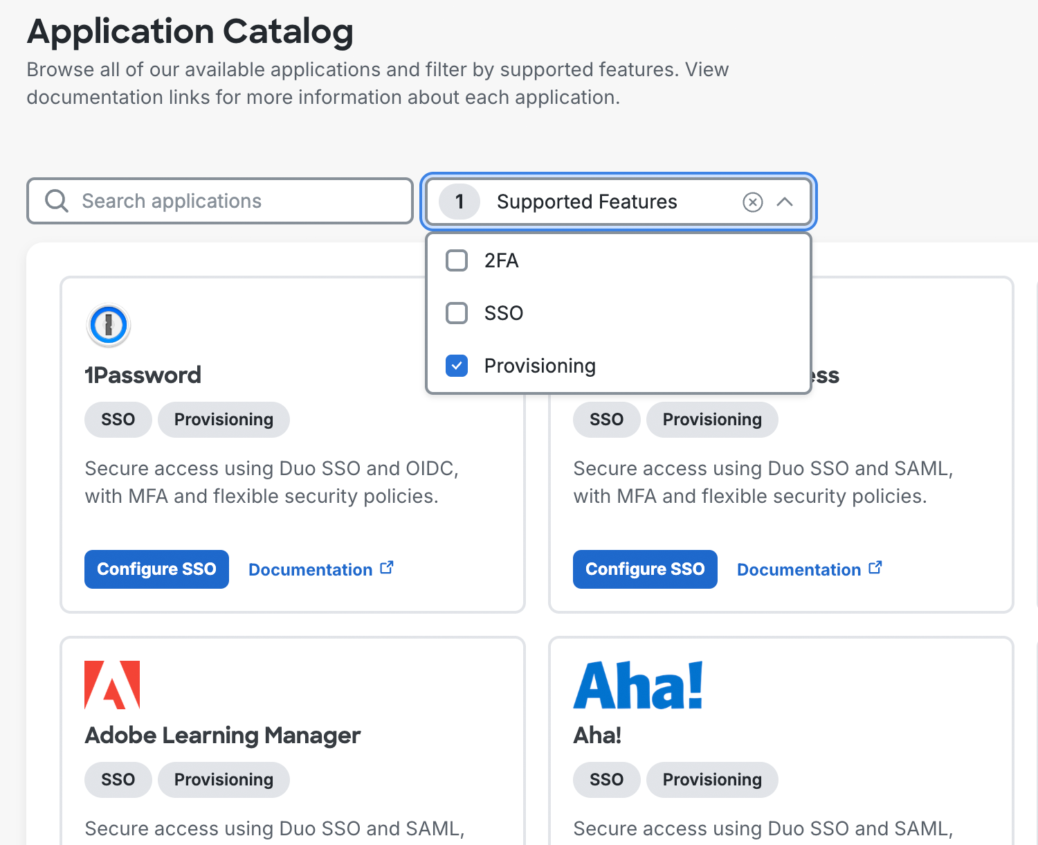 Application Catalog Filtered to Apps with Provisioning Support