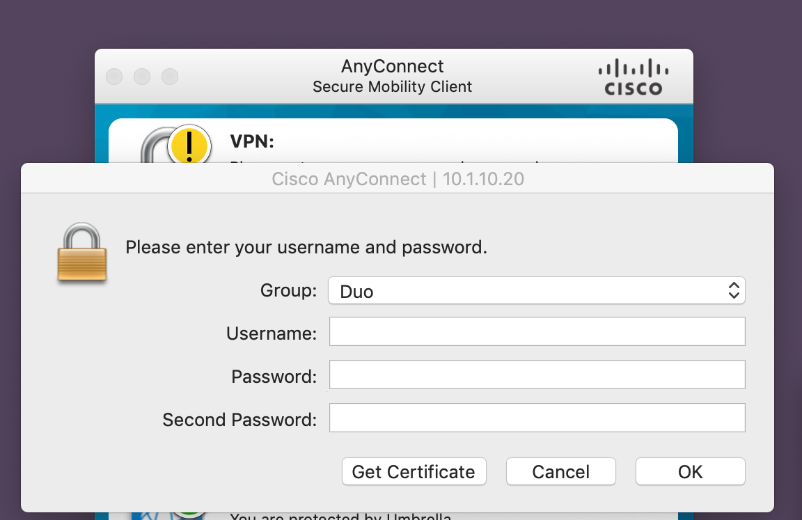 Cisco AnyConnect Client Prompt