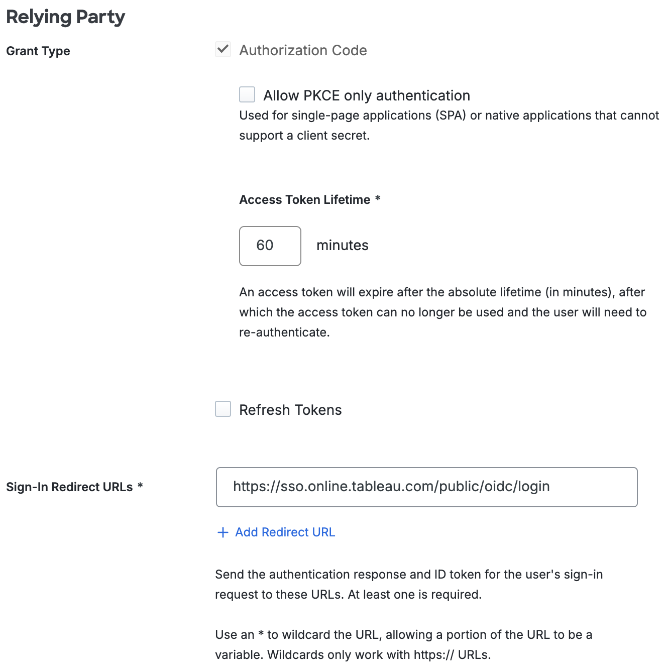 Duo Tableau Cloud Relying Party Section