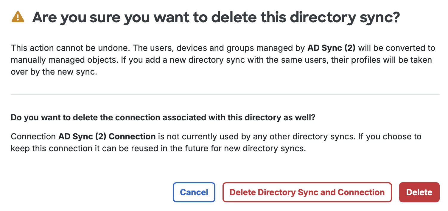 Delete Directory Sync and Connnection