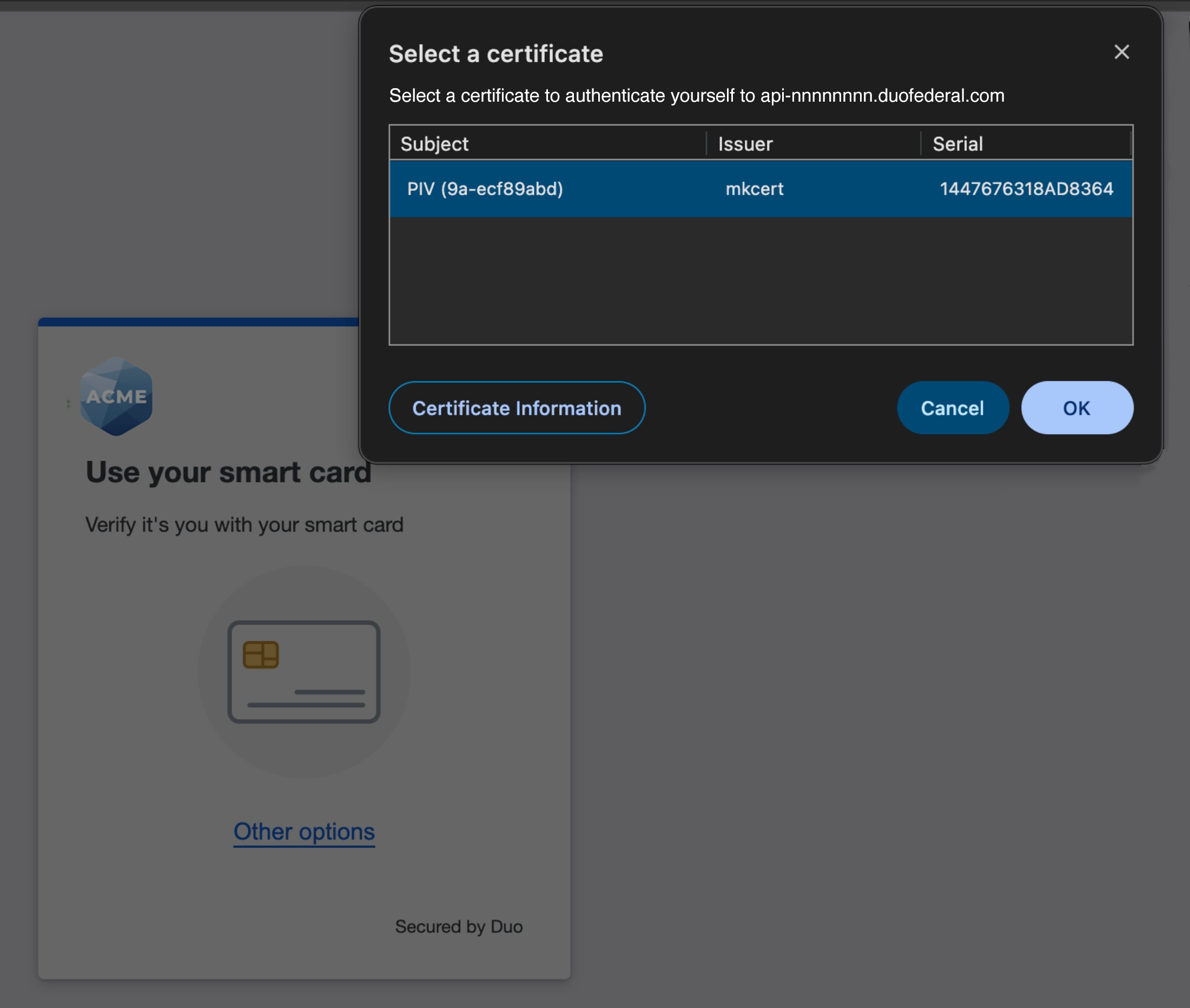 Duo Federal Smart Card Certificate Selection