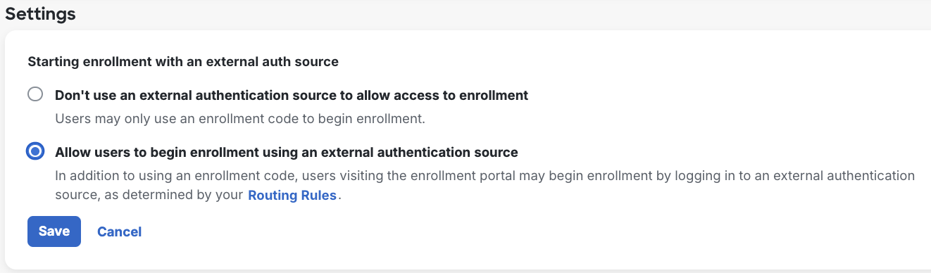 Begin Enrollment Using an External Auth Source