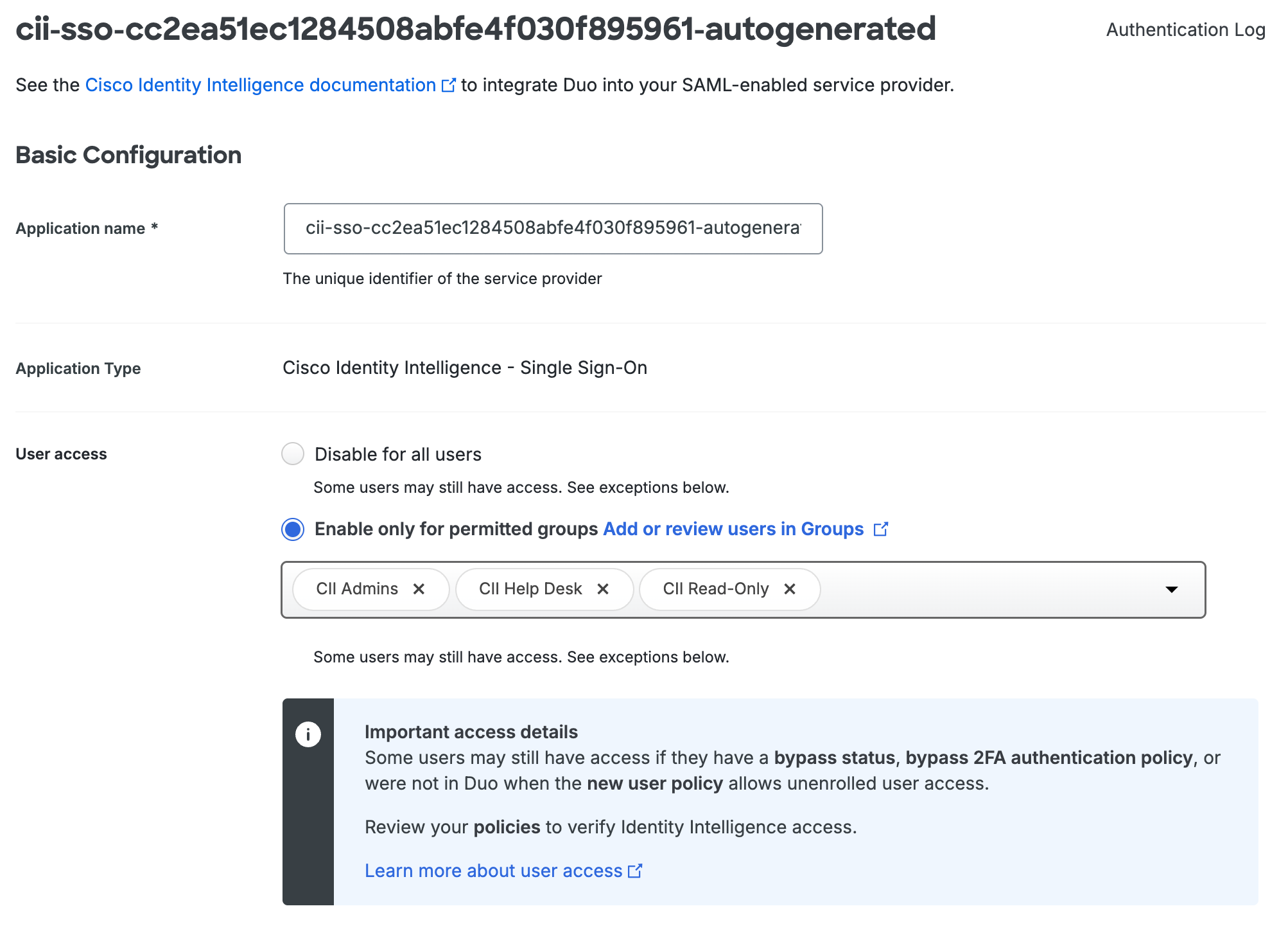 Cisco Identity Intelligence Duo SSO User Access Restricted to Permitted Group