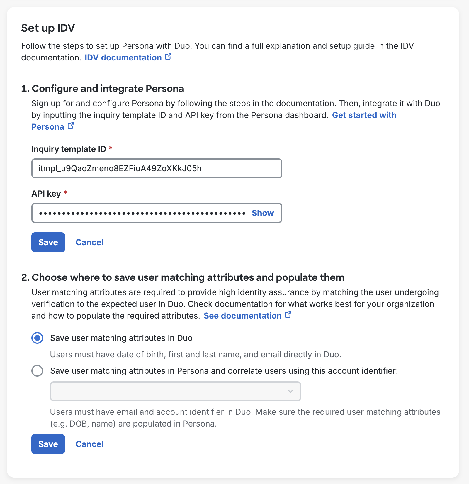 Persona API and Template ID Values in Duo