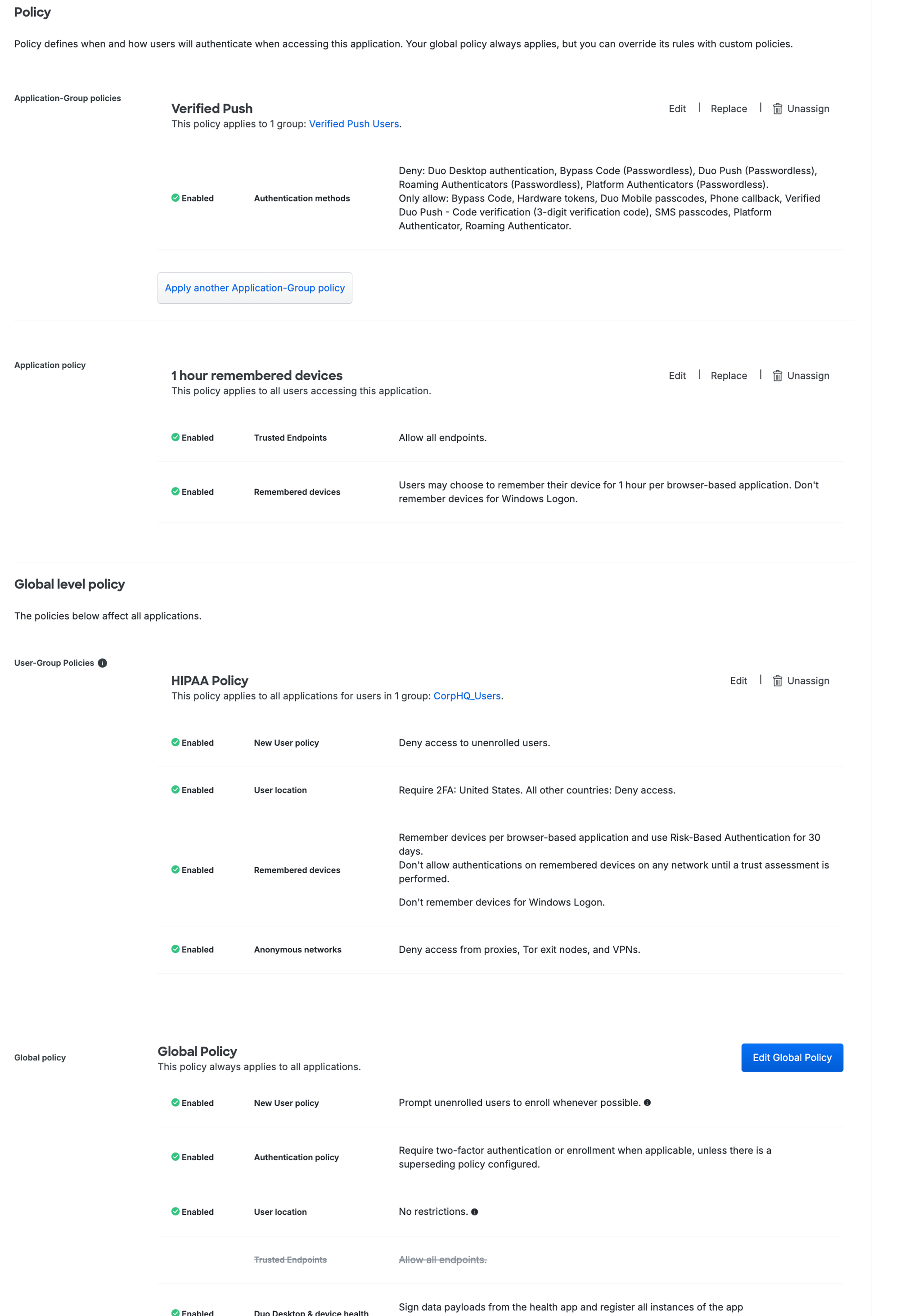 Custom and Global Policies for an Application