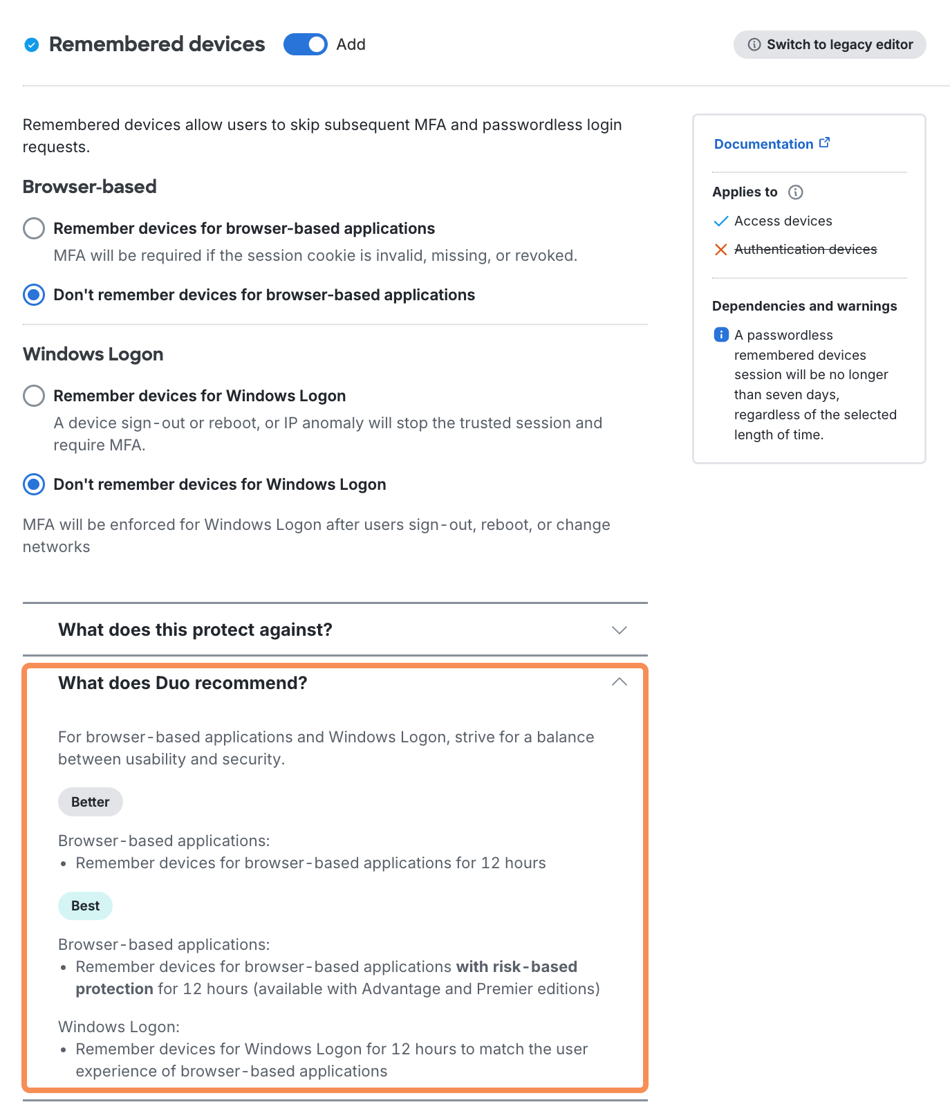 Duo Recommendations Expanded in New Policy Editor