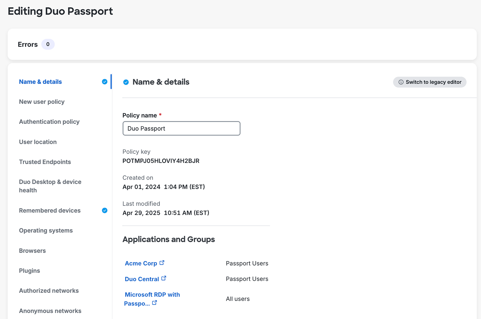 Name & Details Information in New Policy Editor