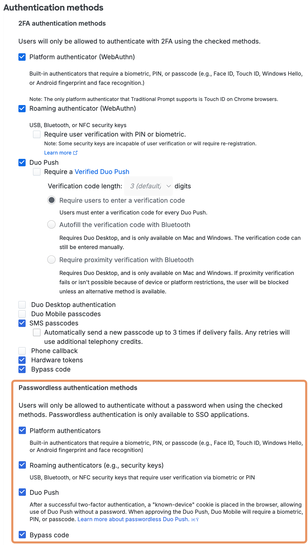 Authentication Methods Settings with Passwordless Activated