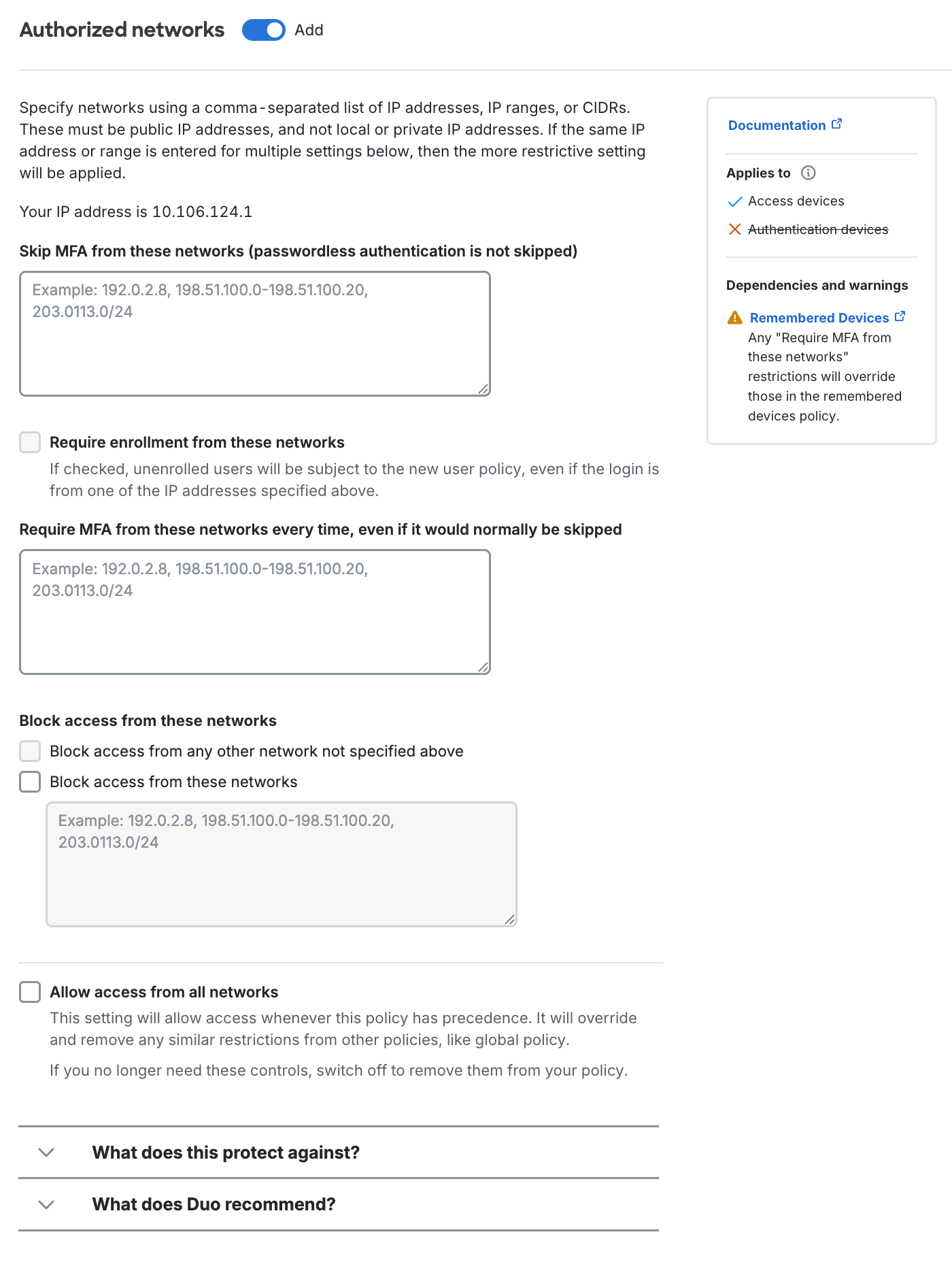 Duo Advantage and Premier Authorized Networks Settings