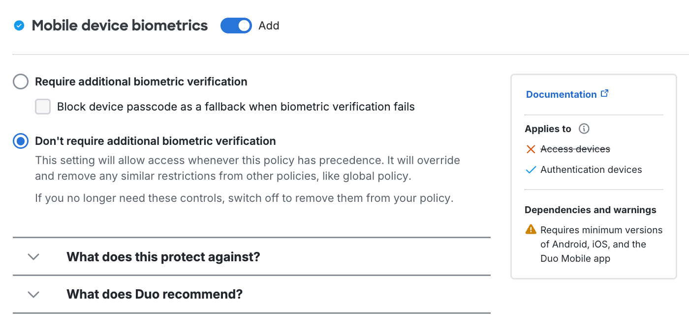 Mobile Biometric Settings