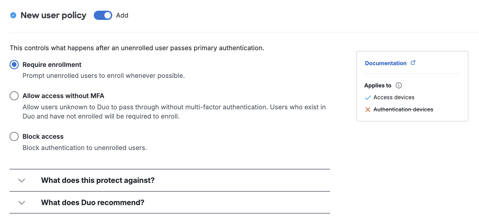 New User Policy Settings
