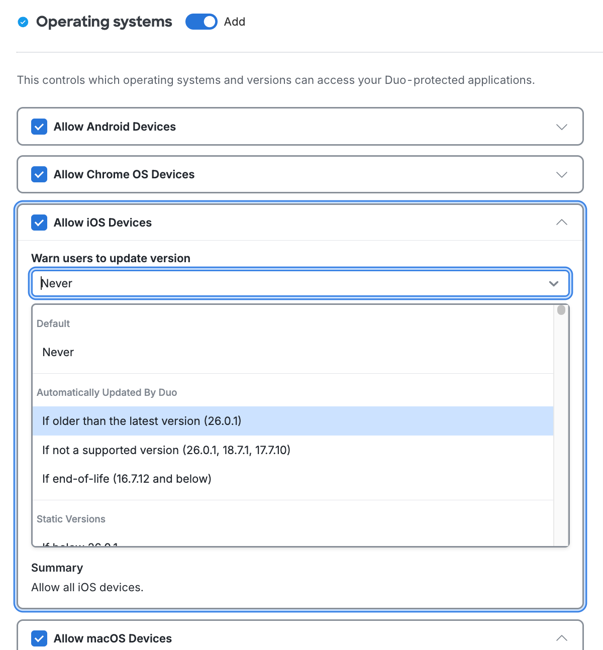 Select Operating Systems Warn Version