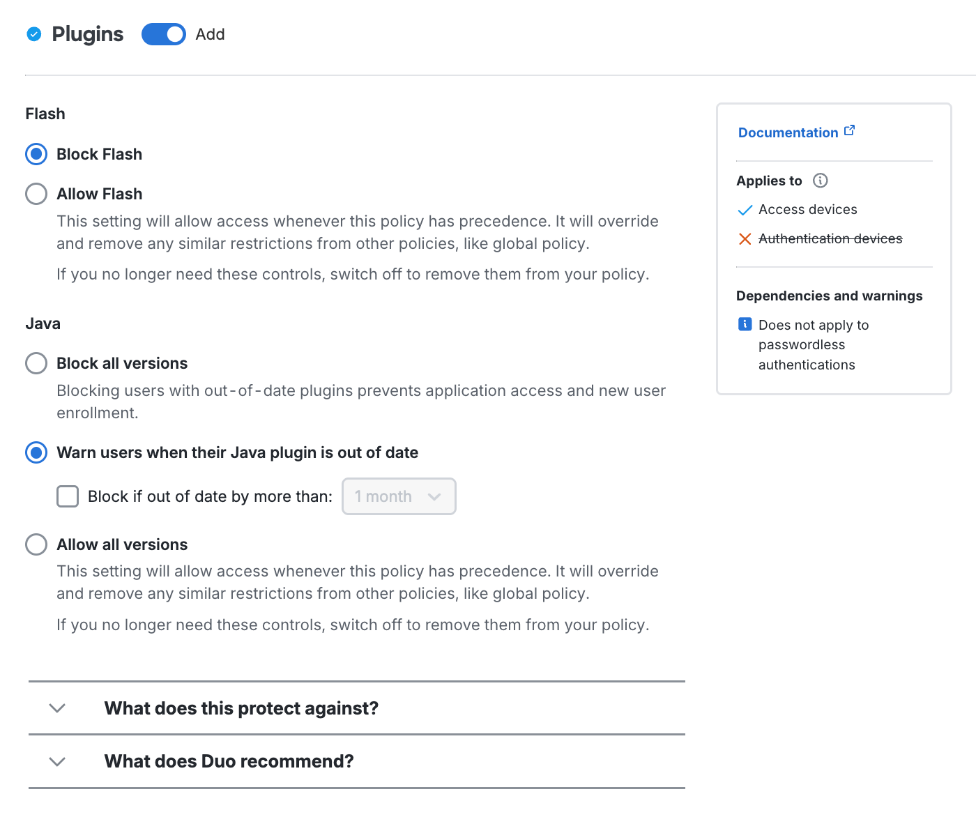 Plugins Policy Settings