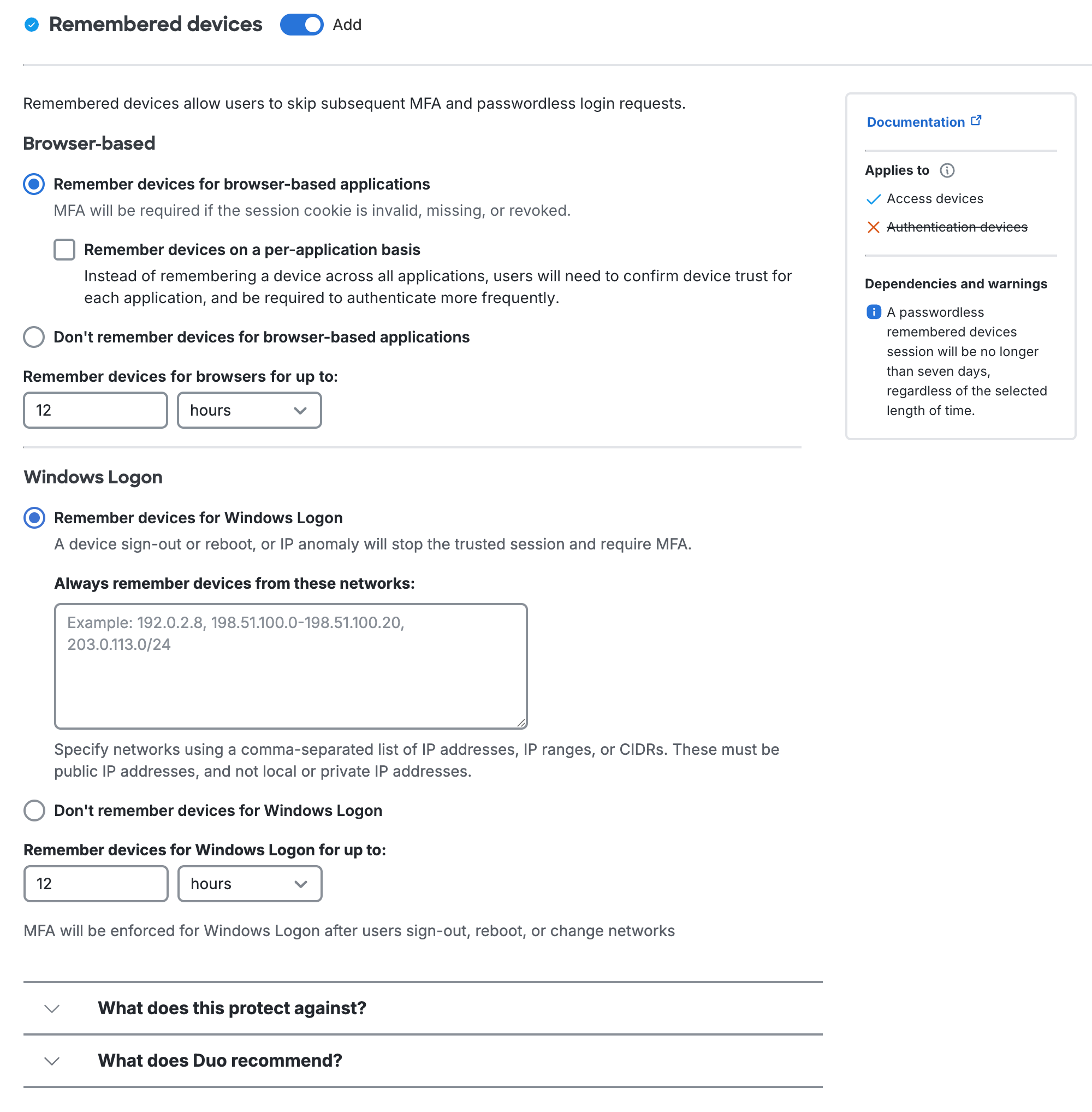 Duo Essentials Plan Remembered Devices Settings