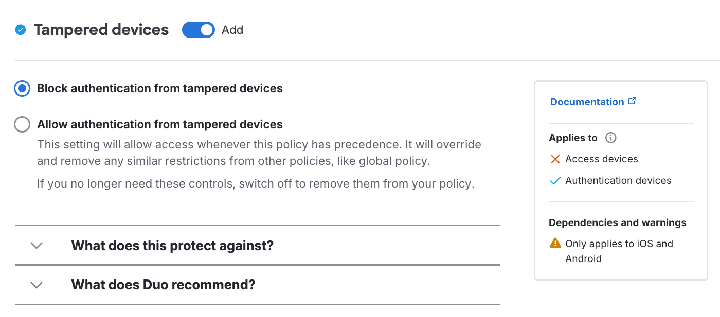 Tampered Devices Settings