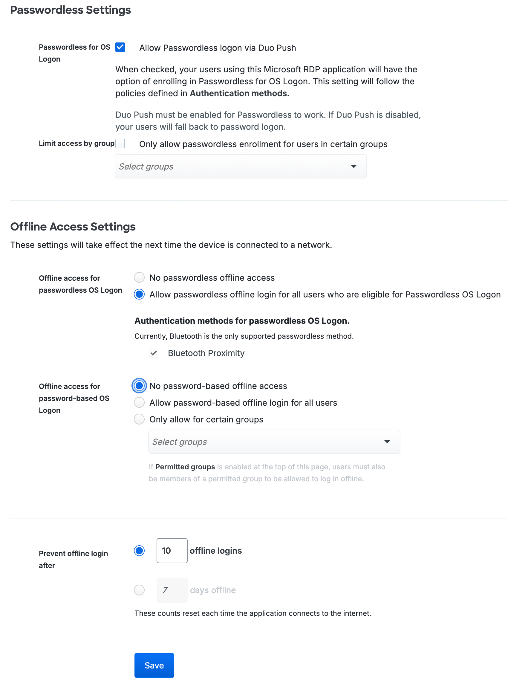Offline Access for Passwordless OS Logon Settings