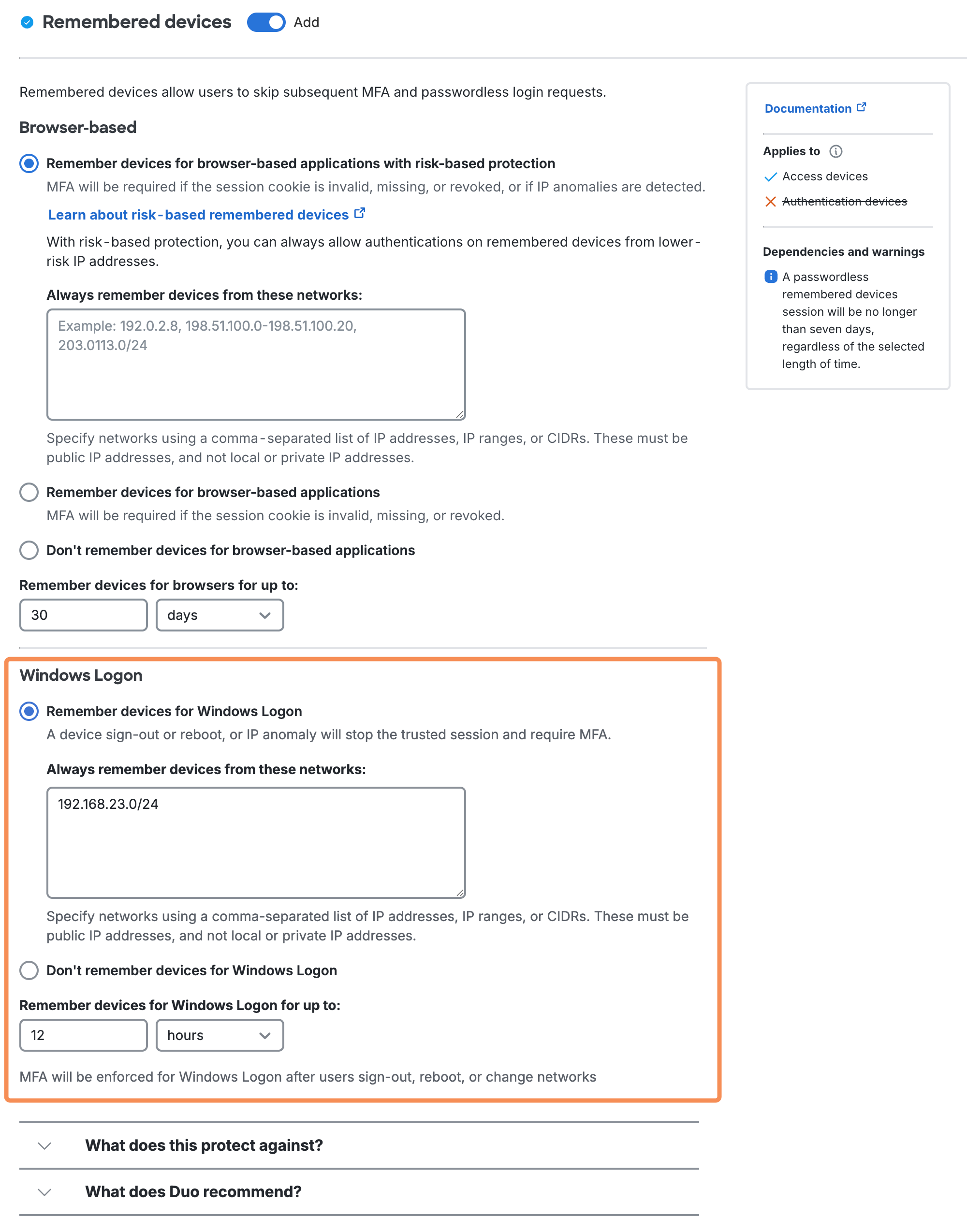 Windows Logon Remembered Devices Settings