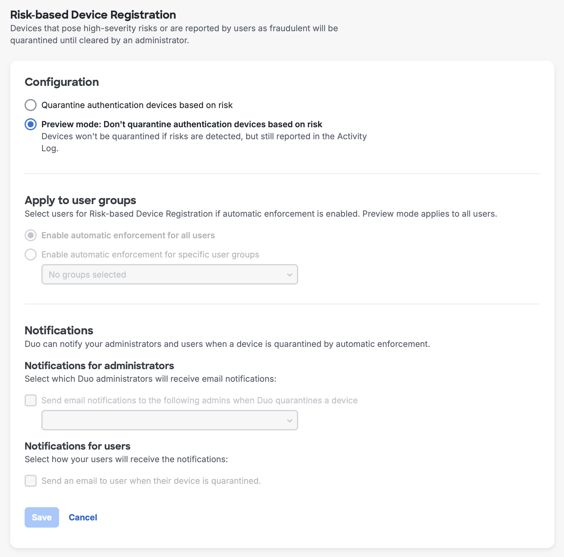Risk-based Device Registration Configuration Page