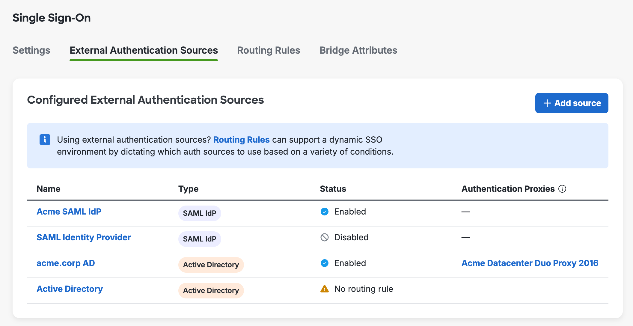 External Authentication Source List