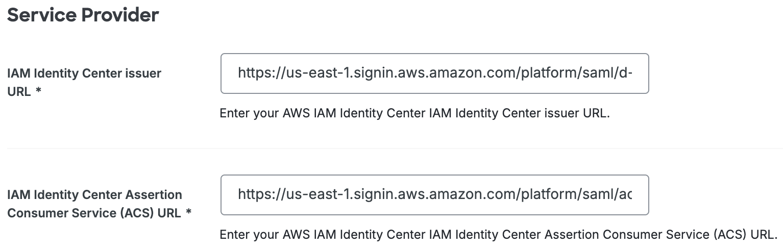 Duo AWS IAM Identity Center Service Provider Field