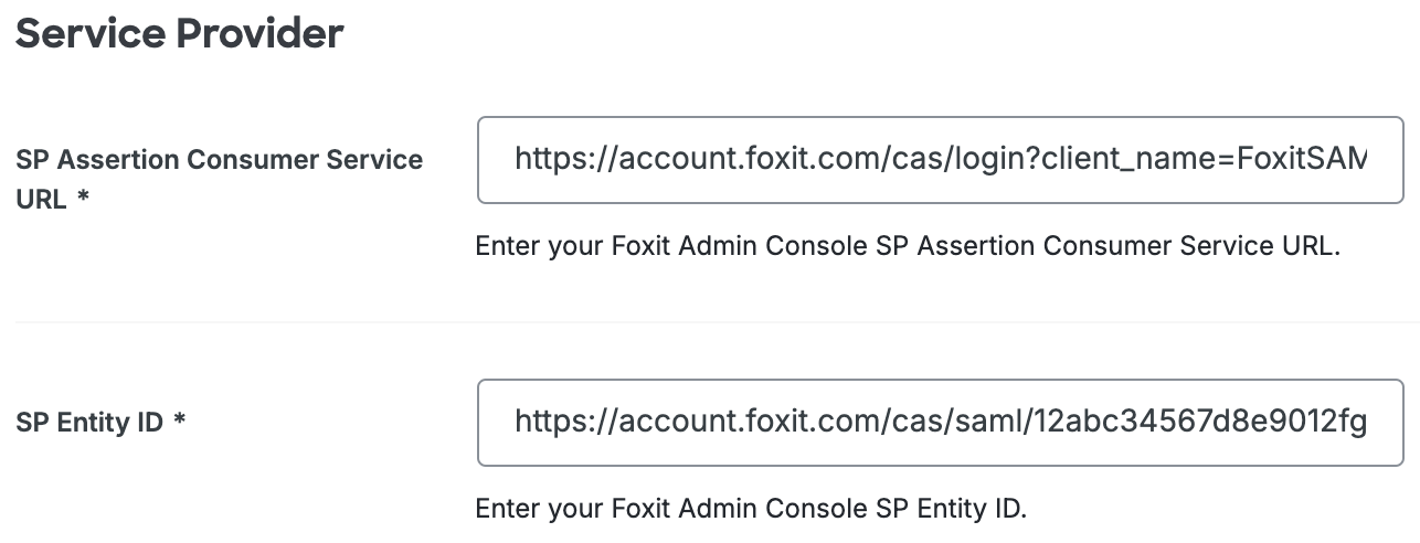 Duo Foxit Admin Console Service Provider Fields