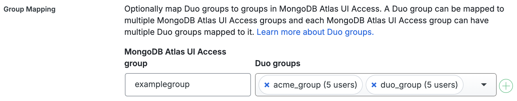 Duo MongoDB Atlas UI Access Group Mapping Fields
