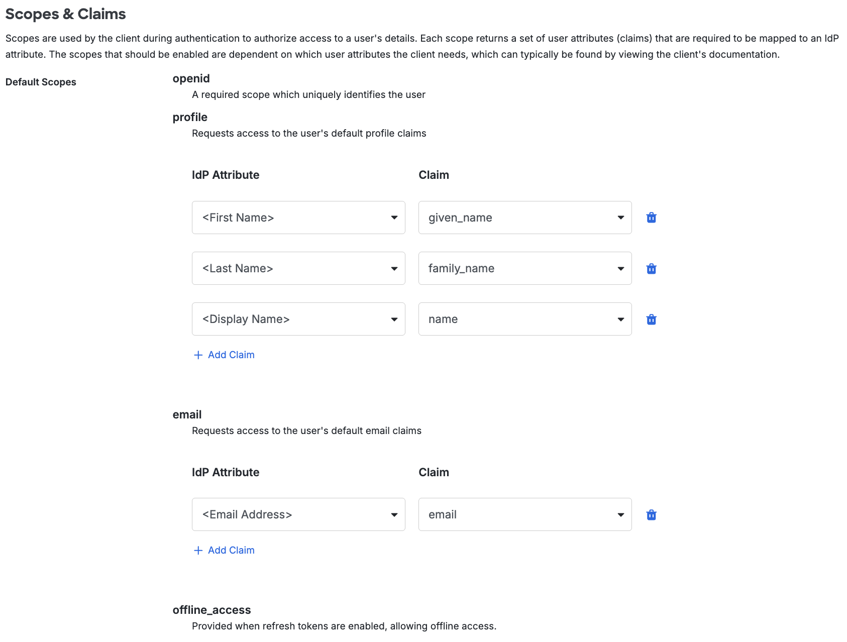 Configure default scopes and claims