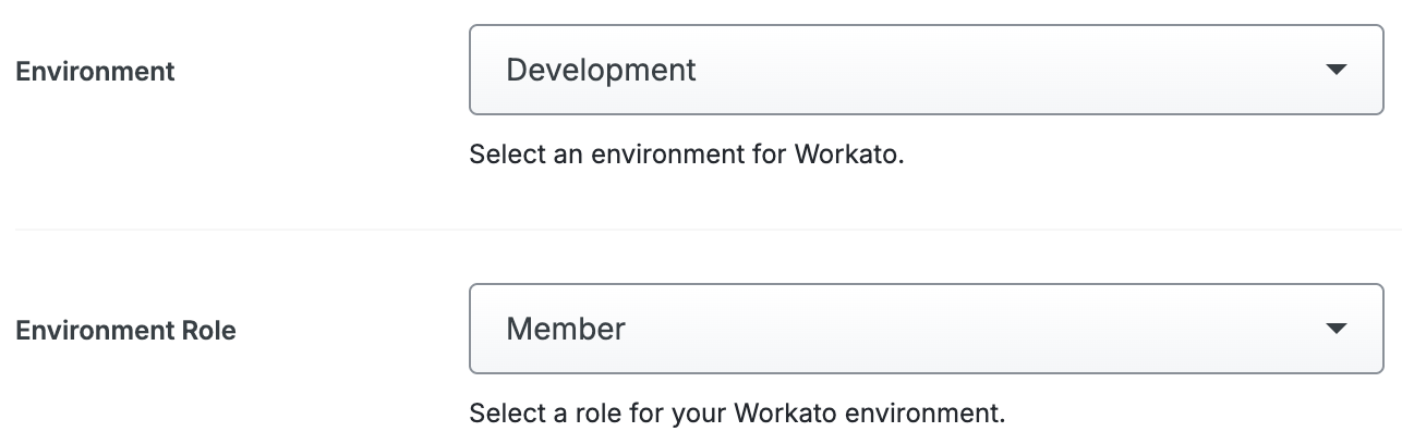 Duo Workato Environment and Environment Role Drop-Down Menus