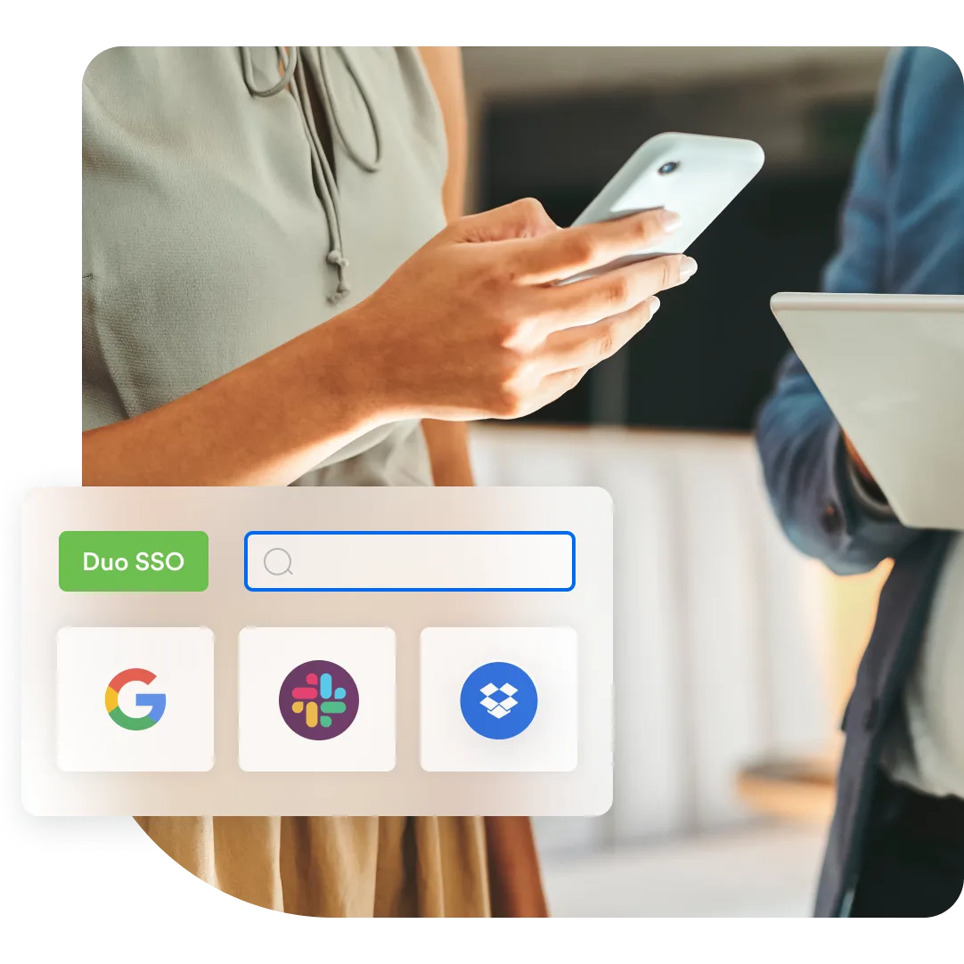 Background image shows two coworkers, one with a mobile device and another with a laptop. Illustration on the front of the image showing Duo SSO, with Google, Slack and Dropbox icons.