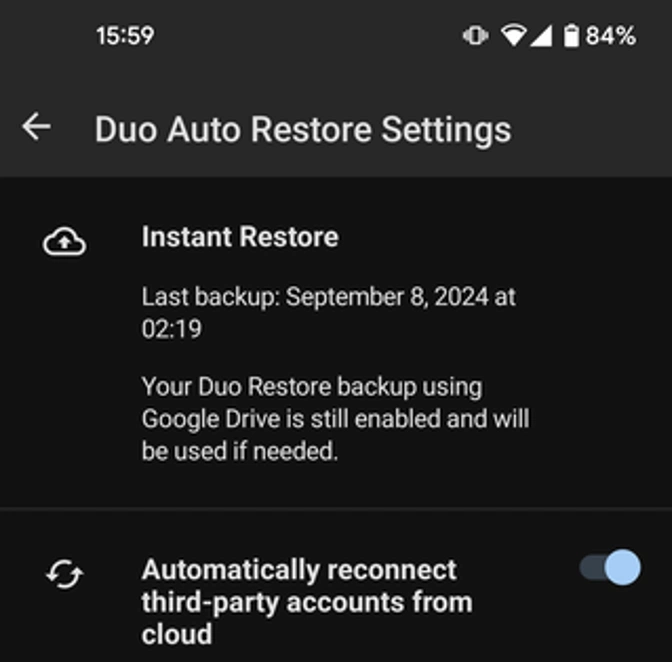 Duo auto restore settings