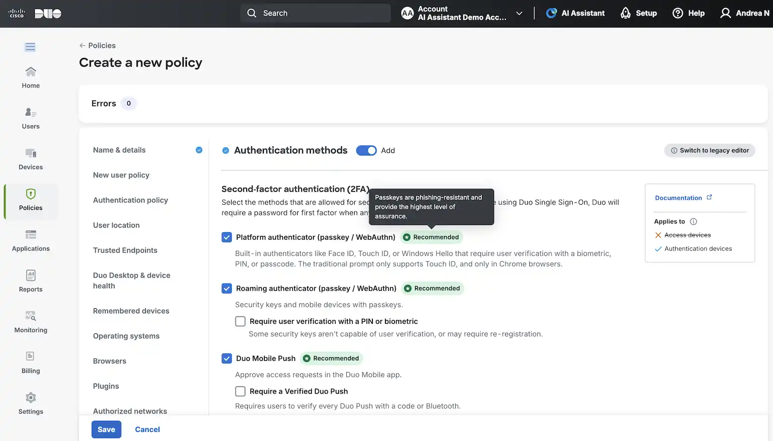 Duo policies recommended authentication methods