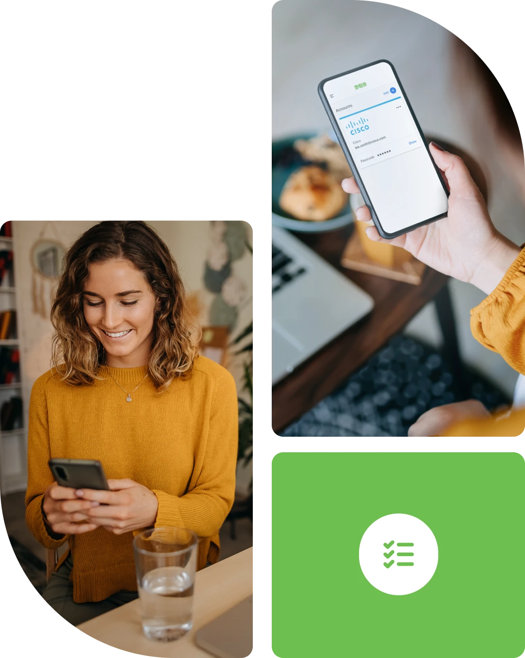 Masonry style graphic with lady looking at cellphone