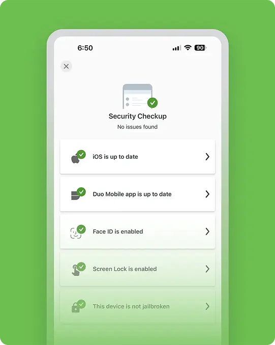 Duo Mobile app screen showing a security checkup with no issues: OS and app up to date, encryption, fingerprint, and screen lock enabled.
