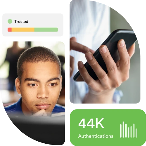 Computer user authenticating as a trusted device using Duo Secure&rsquo;s anayltics showing 44,000 authentications over time.