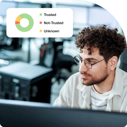 A cybersecurity agent looking at a display of data security analytics, including colorful graphs, logs of network traffic, and potential threat alerts.