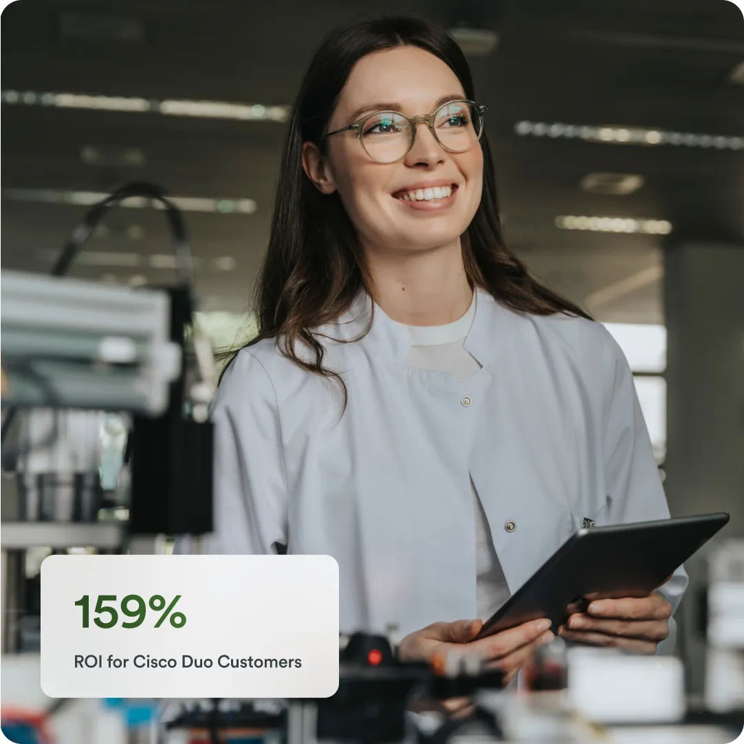 Smiling professional holding iPad with 159% ROI for Cisco Duo Customers stat in lower left corner.
