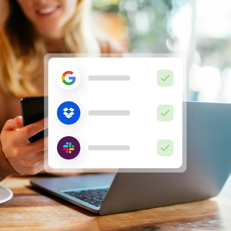 Image Alt Text   User holding their phone and showing the Duo MFA integration options with Google, Dropbox and Slack in the foreground.