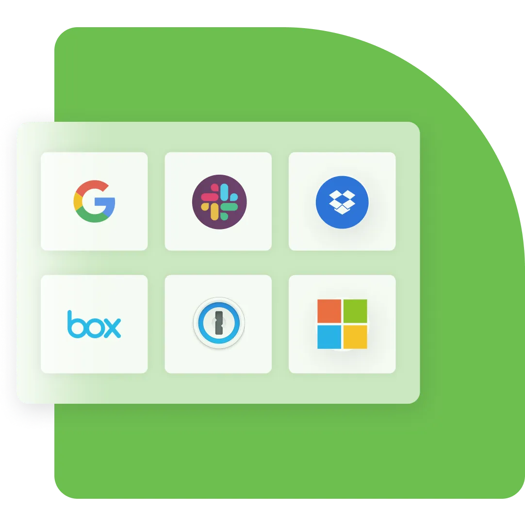 Group of logos including Google, Slack, Box, Dropbox, 1 Password, and Microsoft reflecting Duo&rsquo;s integration and partner programs on green background.